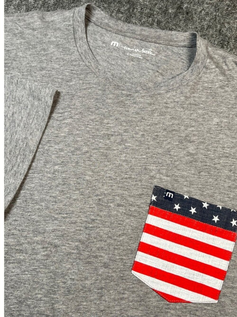 NWT Travis Mathew Party On T shirt Heather Grey Pima Cotton Flag Pocket Medium